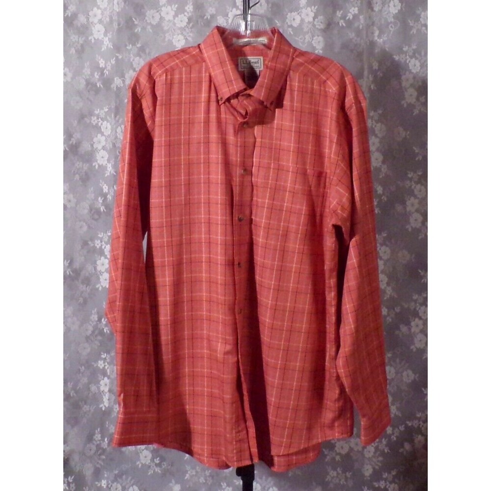 LL Bean Button Down Shirt Oxford Orange Plaid Long Sleeve Casual Size Medium